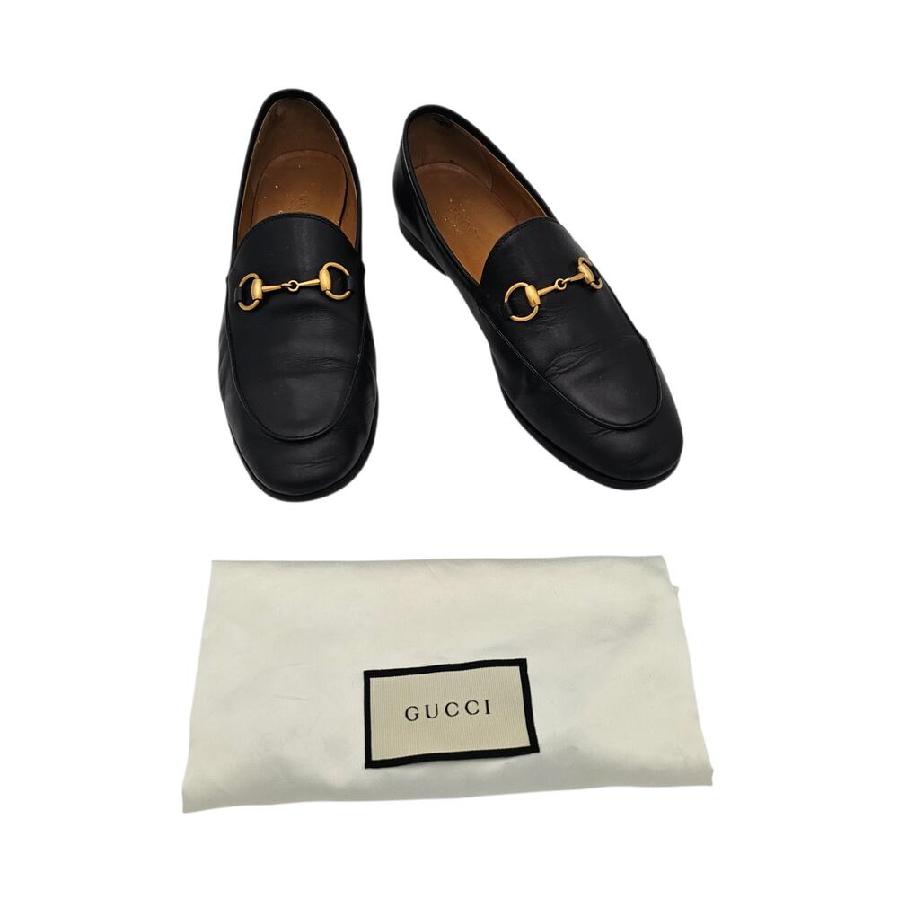 Gucci Jordaan Horsebit Slip On Flat Loafer Black Leather Gold Size 37.5 US 7.5 - Picture 2 of 11